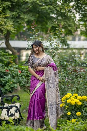 Wine Madhubani printed design Saree