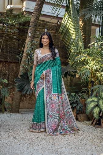 rama Printed with zari woven border saree