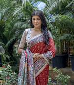 Red Printed with zari woven border Saree