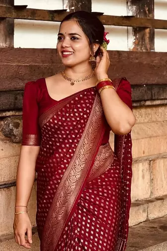 Maroon color silk blend sarees with blouse