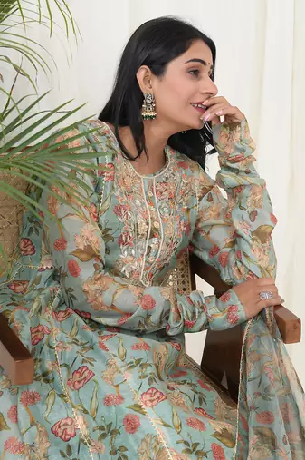 Mint green hand embroidered kurta set
