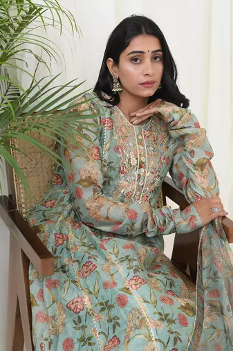 Mint green hand embroidered kurta set