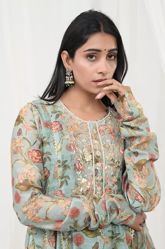 Mint green hand embroidered kurta set