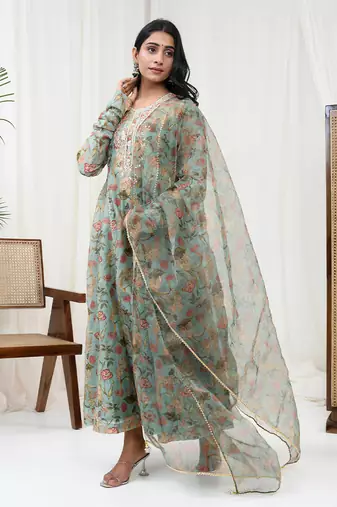 Mint green hand embroidered kurta set