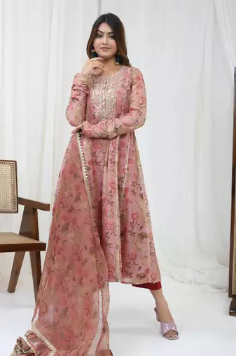 Rust hand embroidered kurta set