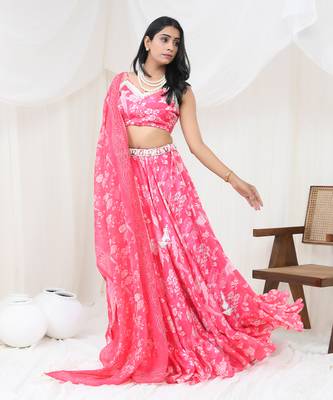 Hot Pink Satin Gorgette Lehenga Set 1