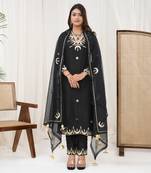 Black pure spun silk embroidered kurta set