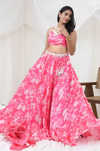 Hot Pink Satin Gorgette Lehenga Set