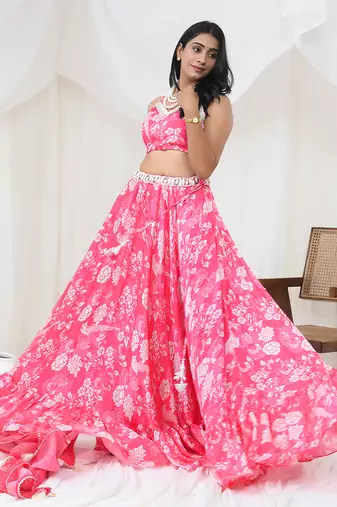 Hot Pink Satin Gorgette Lehenga Set