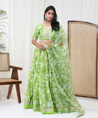 Parrot Green Chanderi Lehenga Set 1