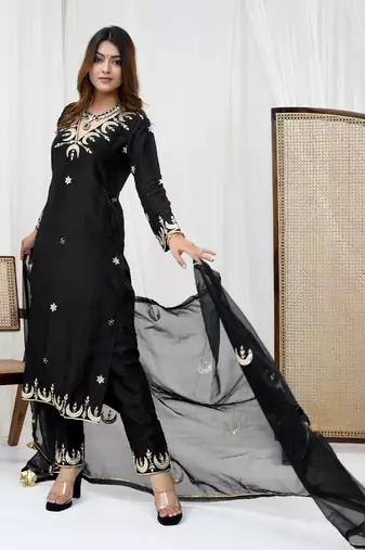 Black pure spun silk embroidered kurta set