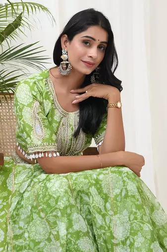 Parrot Green Chanderi Lehenga Set