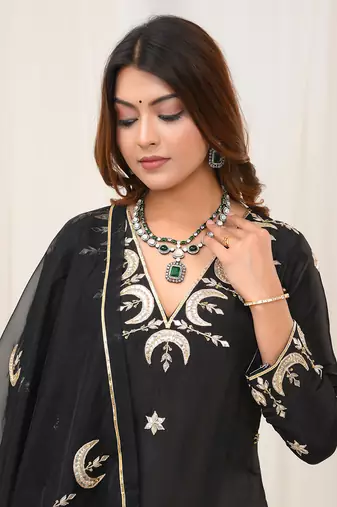 Black pure spun silk embroidered kurta set