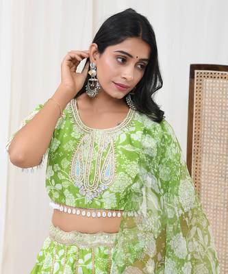 Parrot Green Chanderi Lehenga Set 3