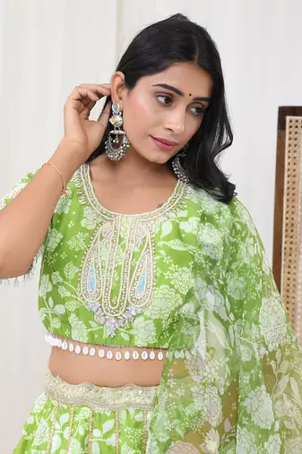 Parrot Green Chanderi Lehenga Set