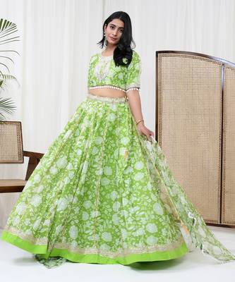 Parrot Green Chanderi Lehenga Set 4
