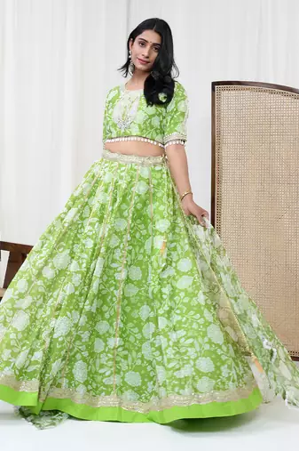 Parrot Green Chanderi Lehenga Set