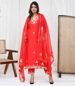 Red pure spun silk embroidered kurta set