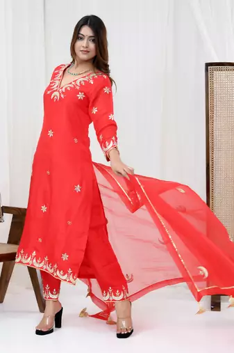 Red pure spun silk embroidered kurta set