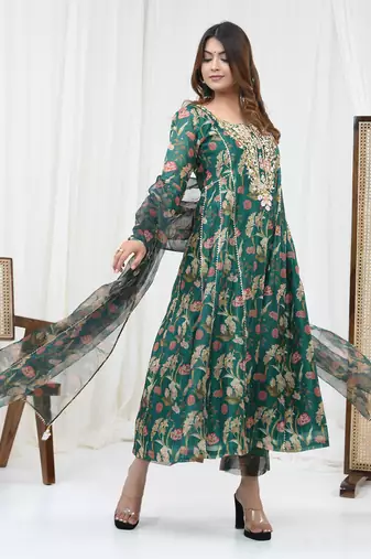 Bottle green hand embroidered kurta set