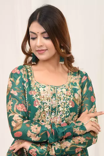 Bottle green hand embroidered kurta set