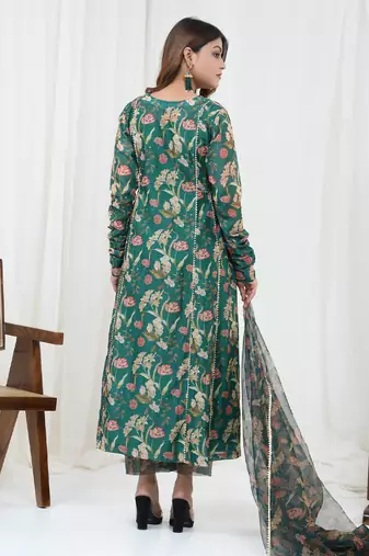 Bottle green hand embroidered kurta set