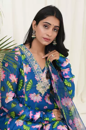 Teal blue hand embroidered kurta set