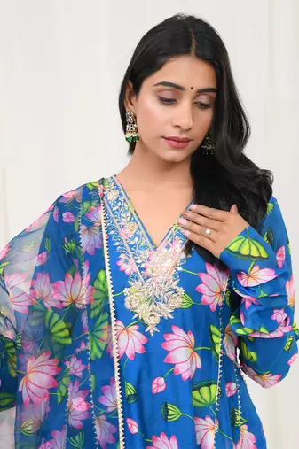 Teal blue hand embroidered kurta set