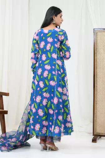 Teal blue hand embroidered kurta set