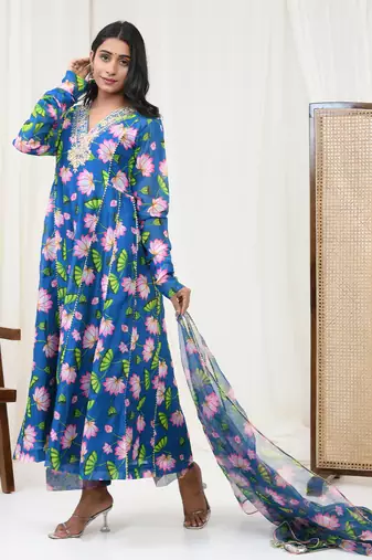 Teal blue hand embroidered kurta set