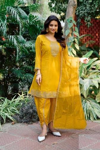 Yellow Viscose Silk Full Stitched Punjabi Salwar Suit