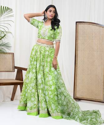 Parrot Green Chanderi Lehenga Set 5