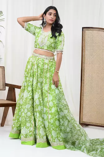 Parrot Green Chanderi Lehenga Set