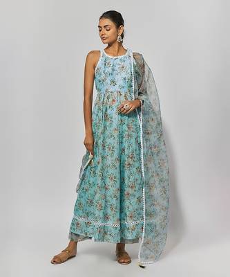 Sea green print chanderi embroidered anarkali set 1
