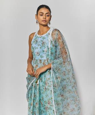 Sea green print chanderi embroidered anarkali set 2