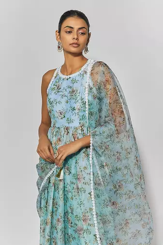 Sea green print chanderi embroidered anarkali set