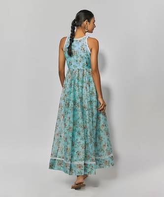 Sea green print chanderi embroidered anarkali set 4