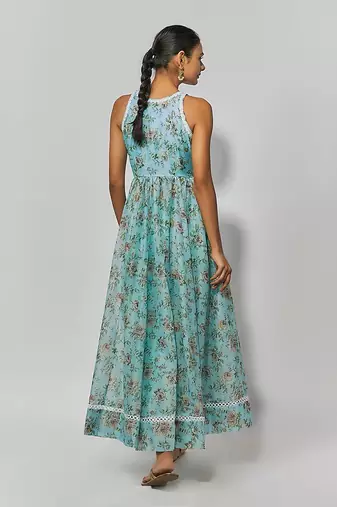 Sea green print chanderi embroidered anarkali set