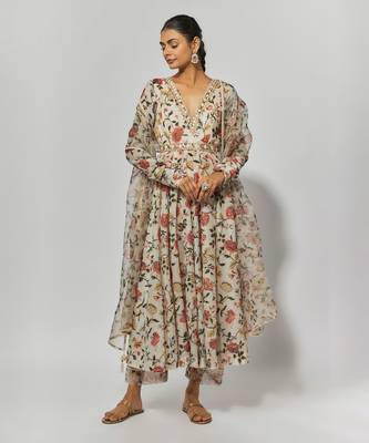 Beige printed chanderi embroidered anarkali set 1
