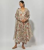 Beige printed chanderi embroidered anarkali set