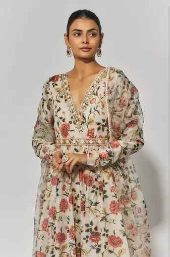 Beige printed chanderi embroidered anarkali set