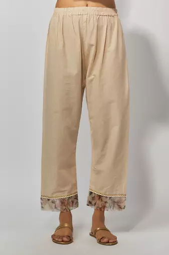 Beige printed chanderi embroidered anarkali set