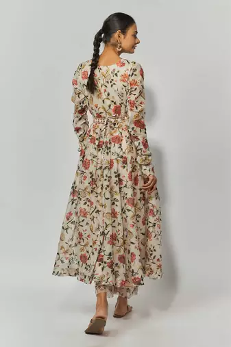 Beige printed chanderi embroidered anarkali set