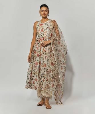 Beige printed chanderi embroidered anarkali set 1
