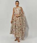 Beige printed chanderi embroidered anarkali set