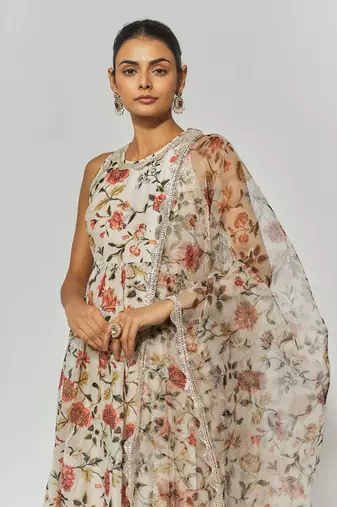 Beige printed chanderi embroidered anarkali set