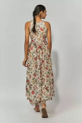 Beige printed chanderi embroidered anarkali set