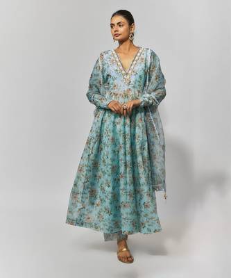 Sea green print chanderi embroidered anarkali set 1