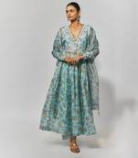 Sea green print chanderi embroidered anarkali set