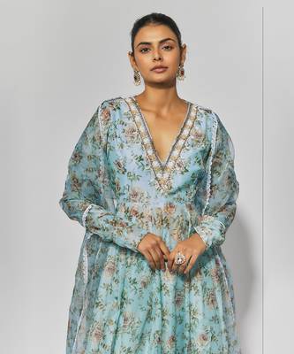Sea green print chanderi embroidered anarkali set 2